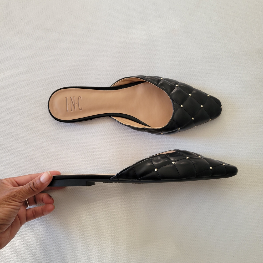 INC International Concepts Black Quilted Vegan Leather Flat Mule Studded Slides - Picture 2 of 4